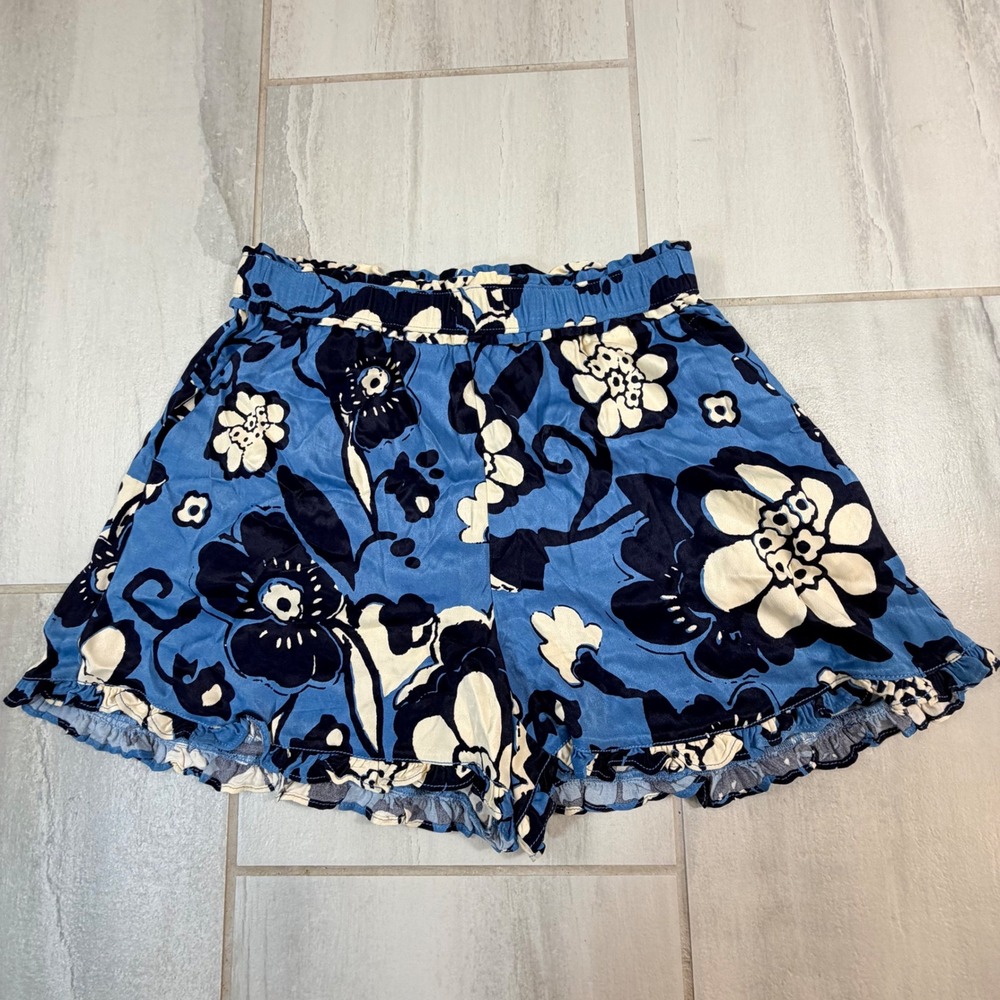 Maeve by Anthropologie Blue Floral Ruffle Hem Shorts XS Elastic Waist Viscose